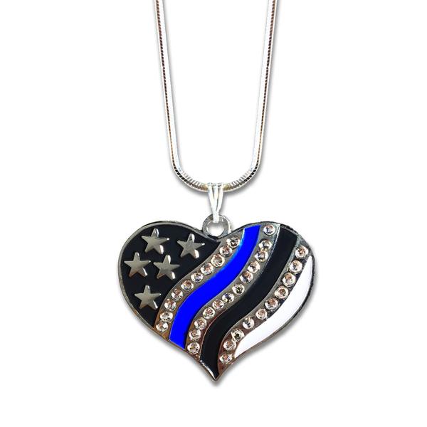 Thin Blue Line Rhinestone Heart Necklace