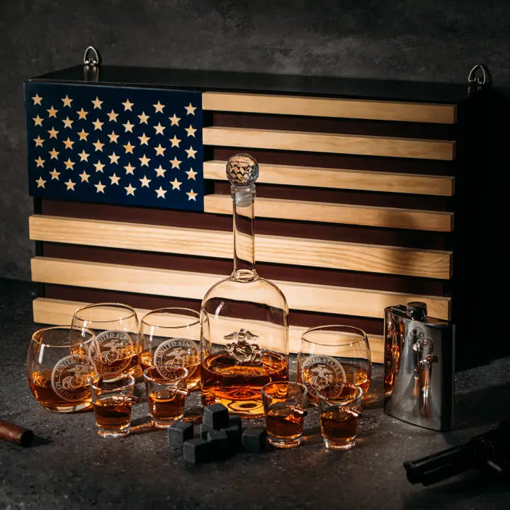 US Flag Wall Decor w/Whiskey Decanter Set - USMC