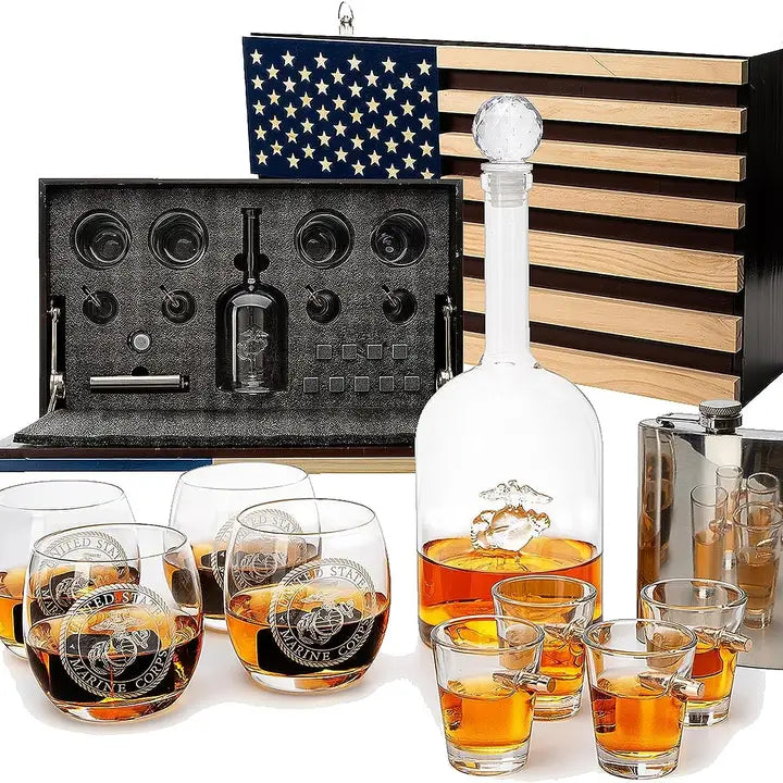 US Flag Wall Decor w/Whiskey Decanter Set - USMC