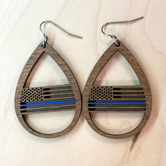 First Responder Walnut Flag Drop Earrings