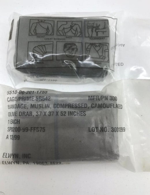 Muslin Compressed Triangular Bandage, Military Issue IFAK, Olive Drab OD