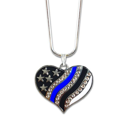 Thin Blue Line Rhinestone Heart Necklace