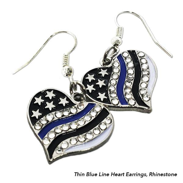 Thin Blue Line Rhinestone Heart Earrings