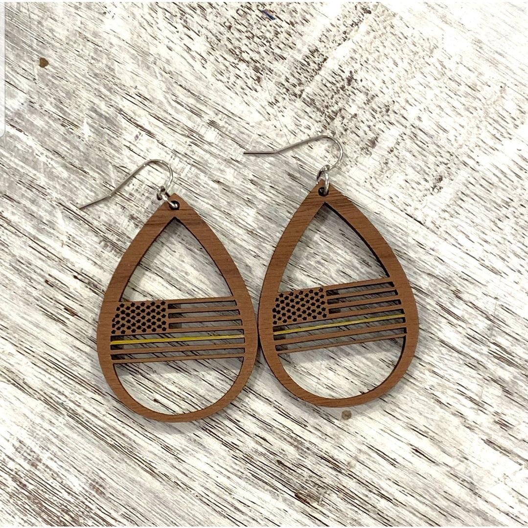 First Responder Walnut Flag Drop Earrings